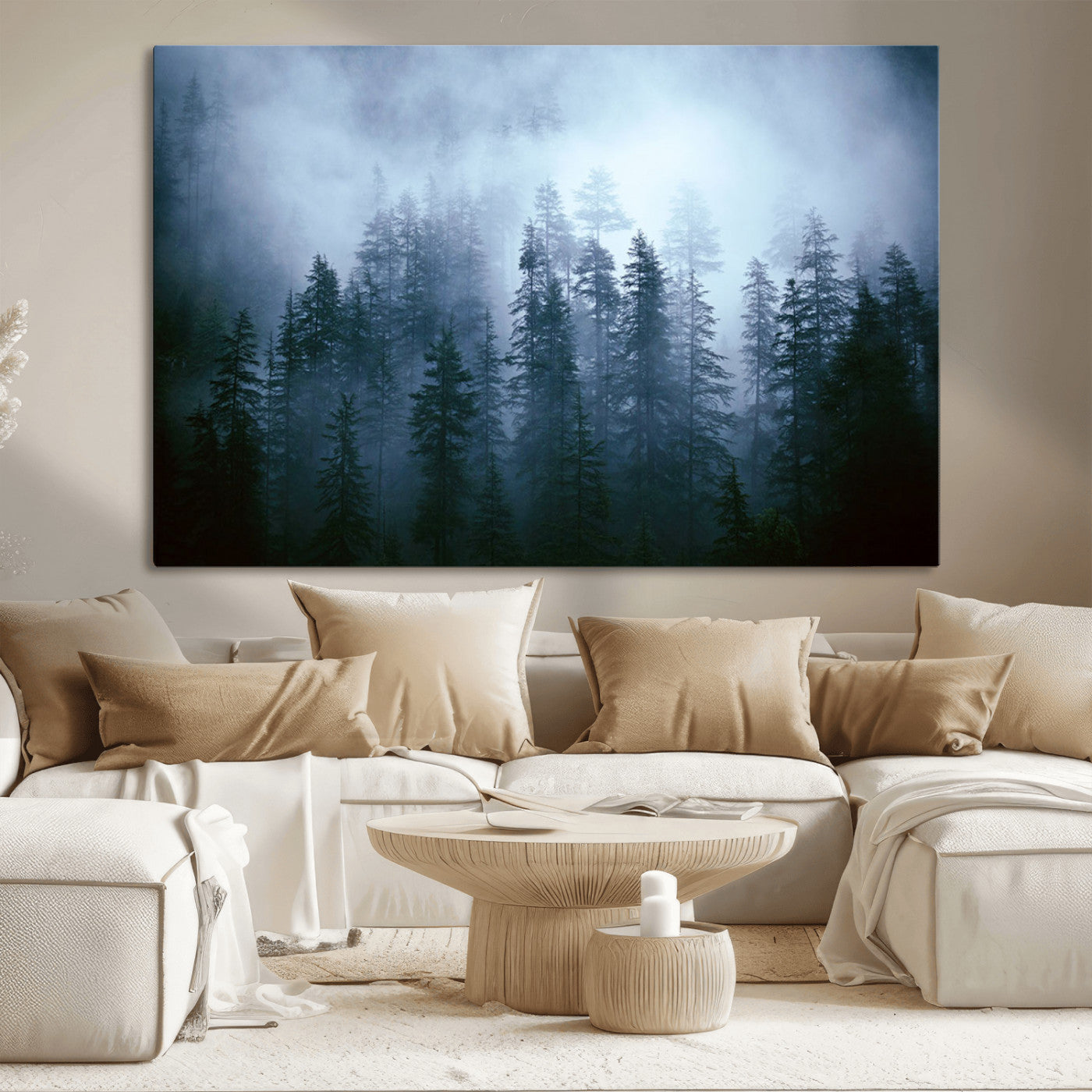 93439624-MGV-CV-36X24-Foggy Evergreen Pines Mist Forest Blue Haze Moody Atmospheric Wilderness Nature Trees Scenic Tranquil Peaceful Landscape Wall Art Canvas Print