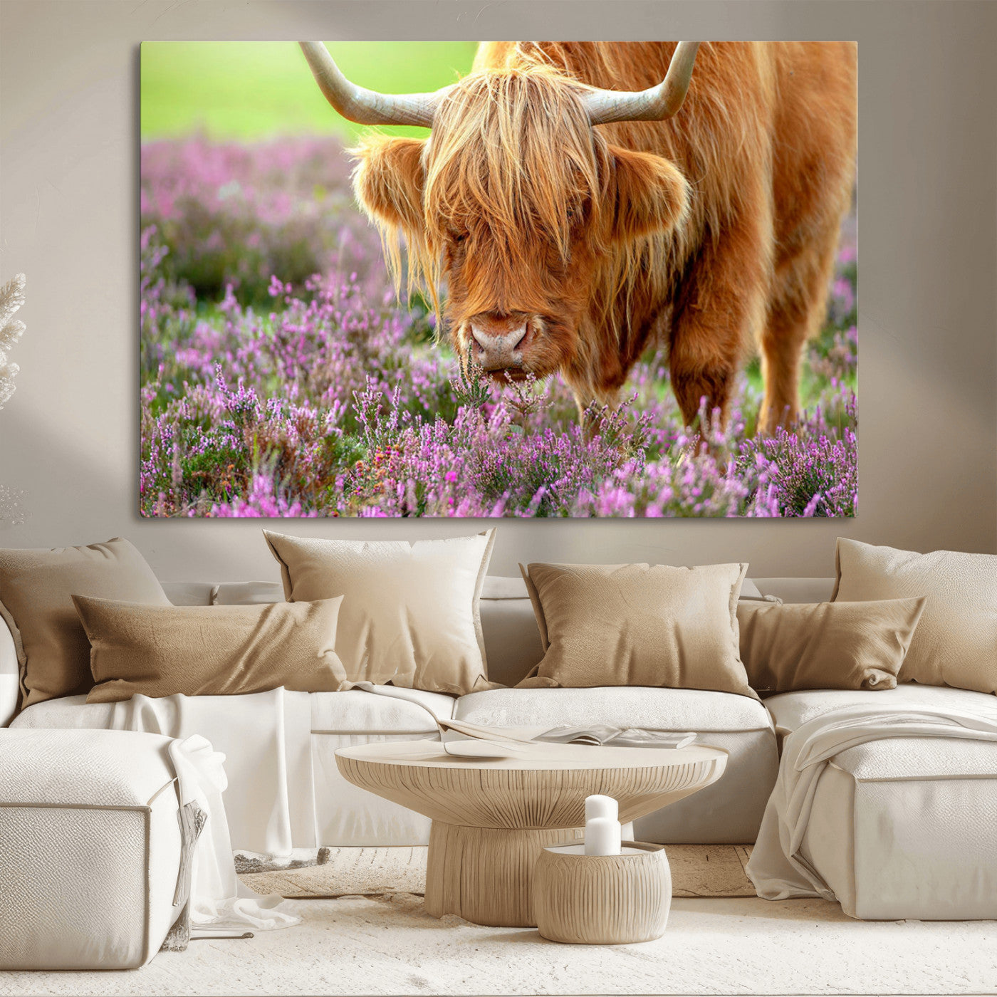 64069351-MGV-CV-36X24-Highland Cow Purple Flowers Nature Pasture Scenic Wildlife Animal Grazing Meadow Calm Rustic Charm Outdoors Peace Wall Art Canvas Print