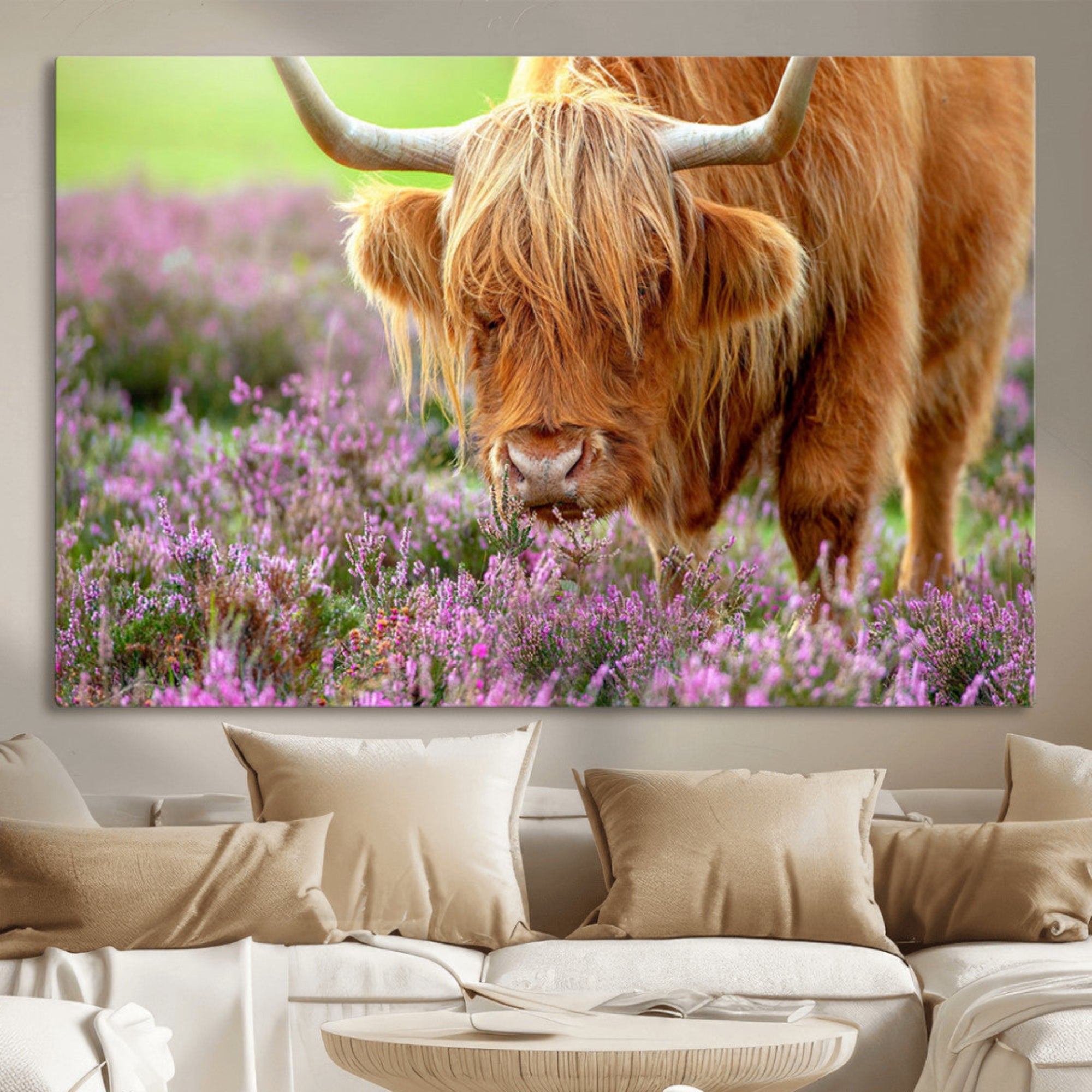 64069351-MGV-CV-36X24-Highland Cow Purple Flowers Nature Pasture Scenic Wildlife Animal Grazing Meadow Calm Rustic Charm Outdoors Peace Wall Art Canvas Print