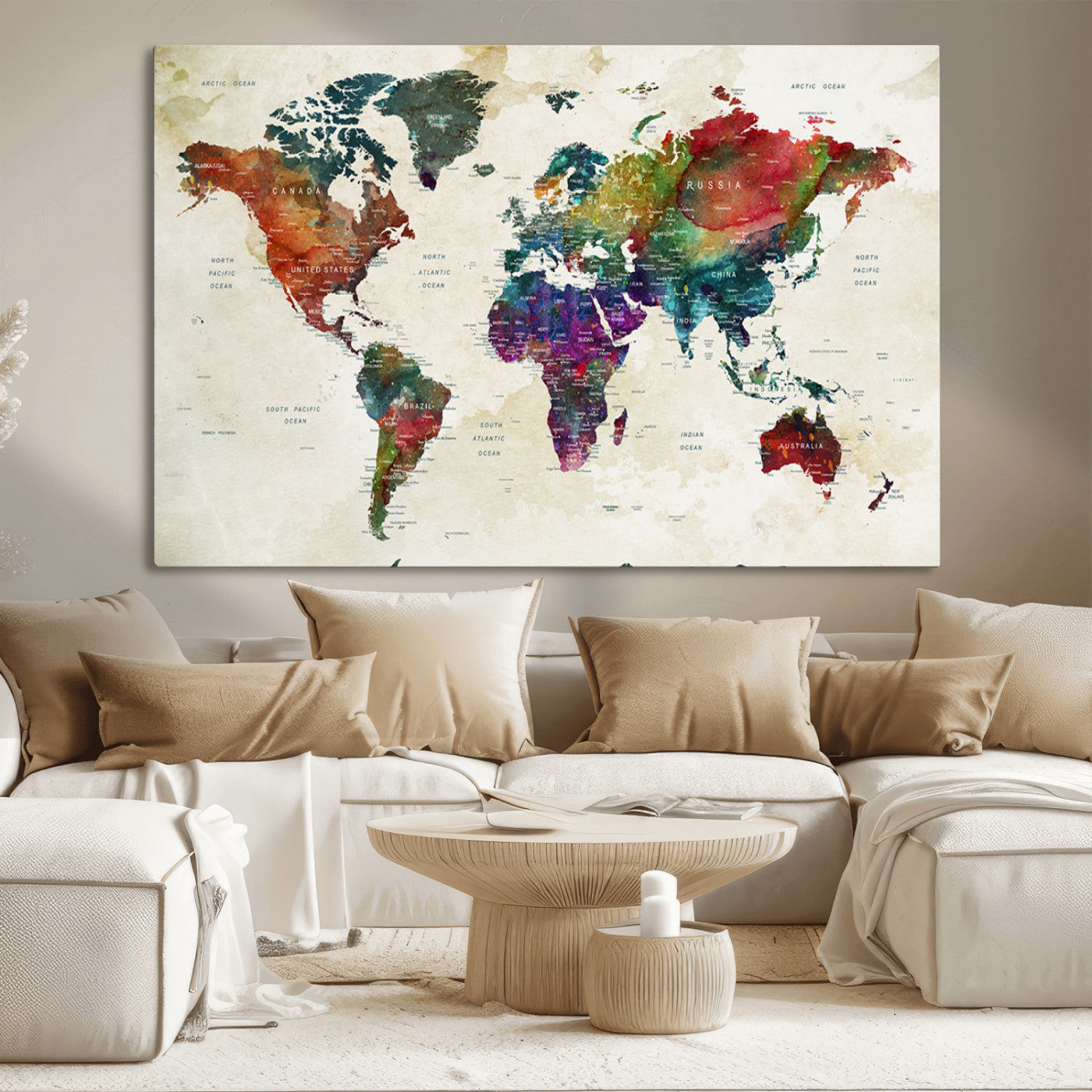 Colorful watercolor world map with countries labeled, featuring rich, vibrant hues across continents on a vintage beige background, Wall Art Canvas Print style.