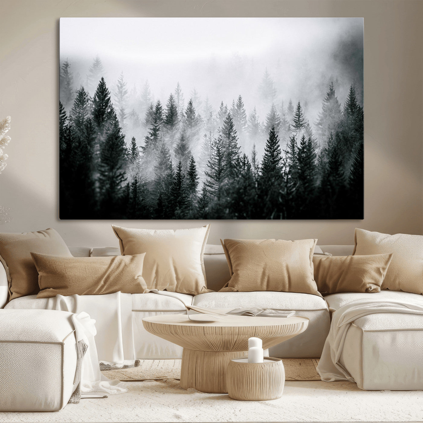 MGV-CV-36X24 - Foggy Pine Forest Canvas Wall Art – Black and White Nature Landscape Print, Horizontal Canvas for