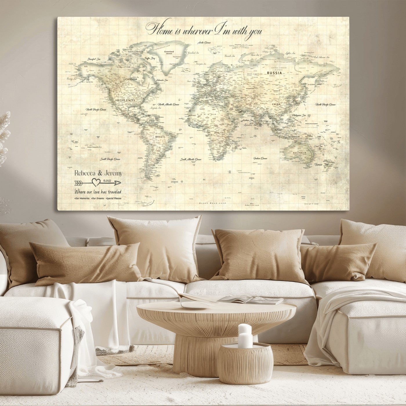 MGV-CV-36X24 - Personalized World Map Wall Art Canvas Print – Custom Push Pin Travel Map for Couples, Families, or Office Décor
