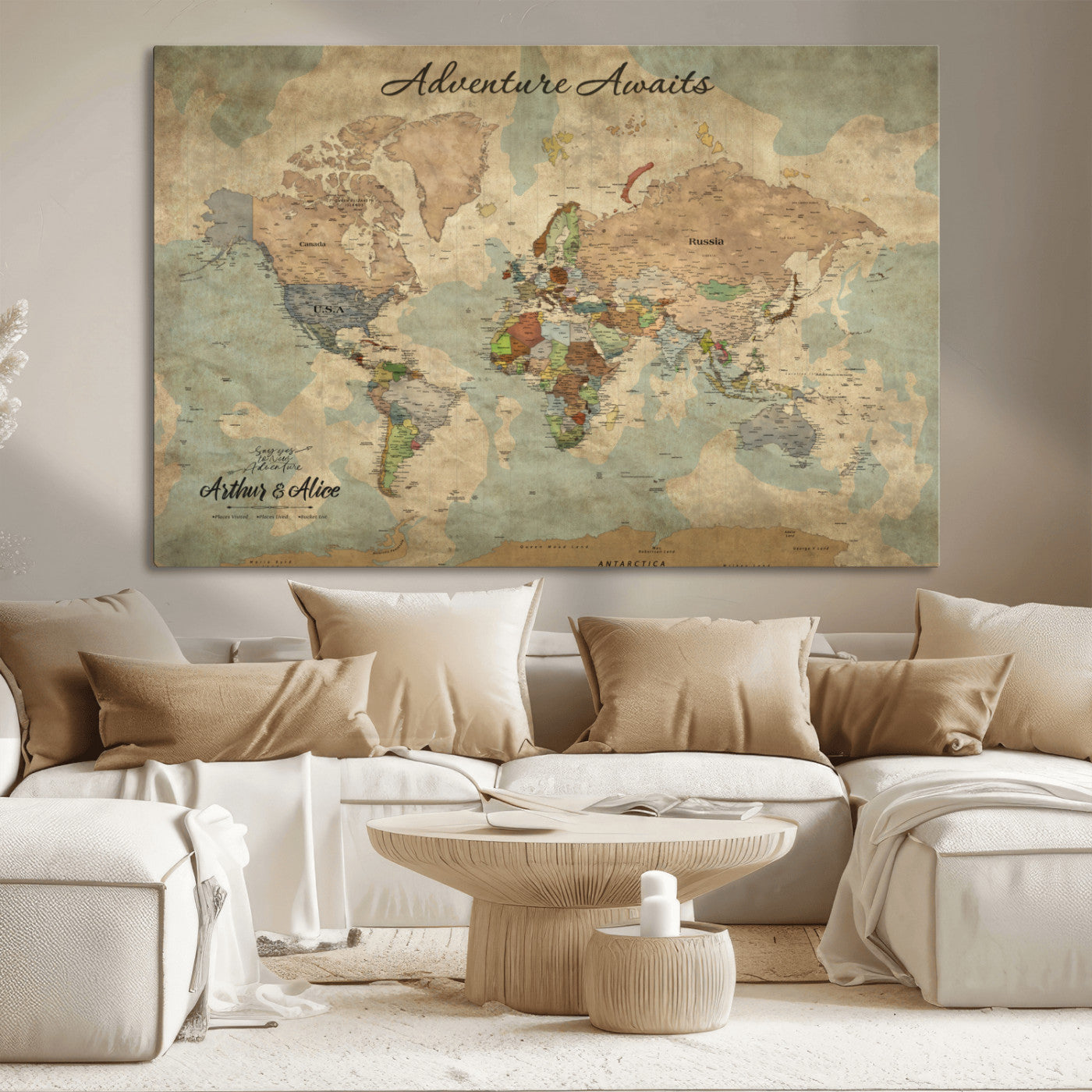 MGV-CV-36X24 - Personalized World Map Wall Art Canvas Print – Custom Push Pin Travel Map for Couples, Families, or Office Décor
