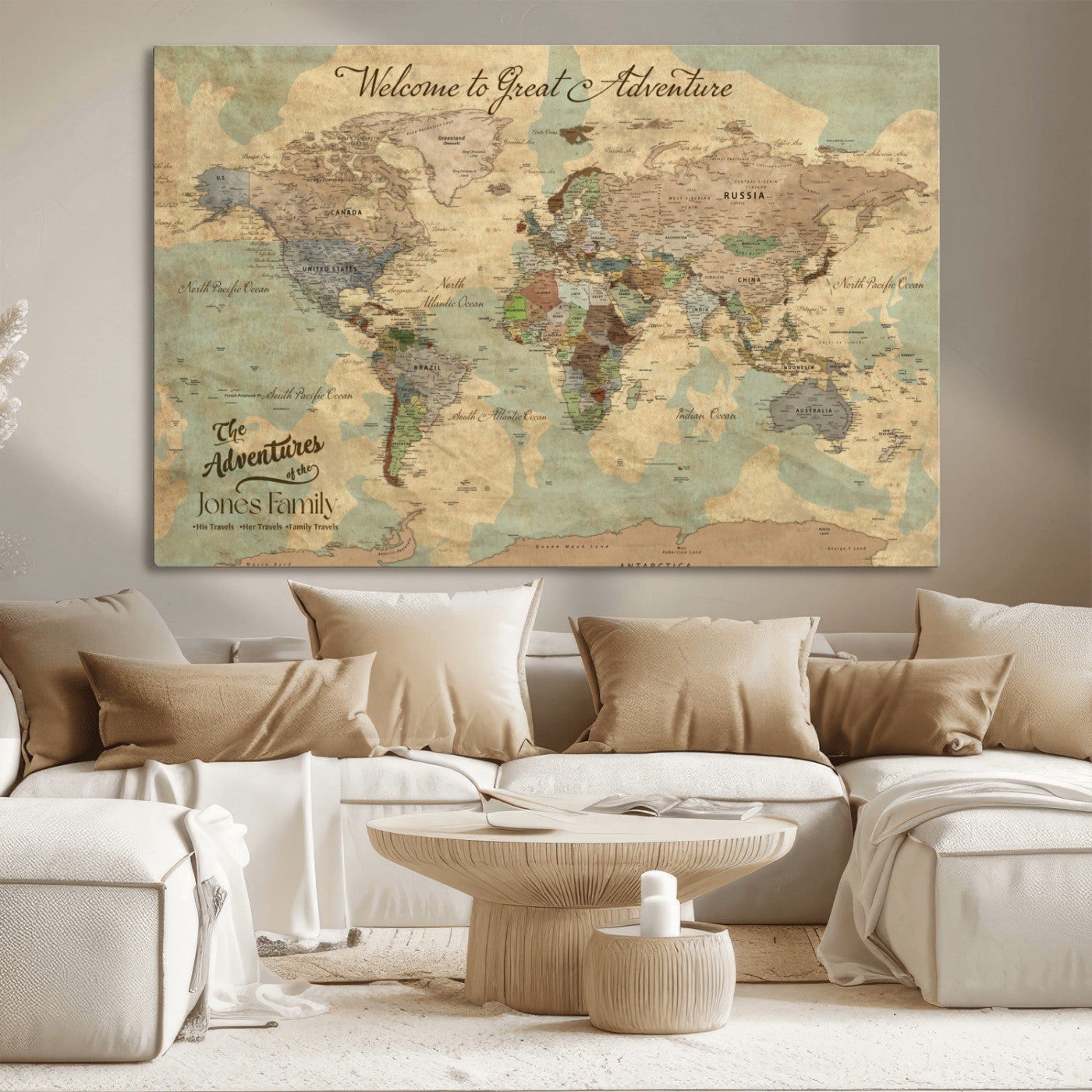 MGV-CV-36X24 - Personalized World Map Wall Art Canvas Print – Custom Push Pin Travel Map for Couples, Families, or Office Décor