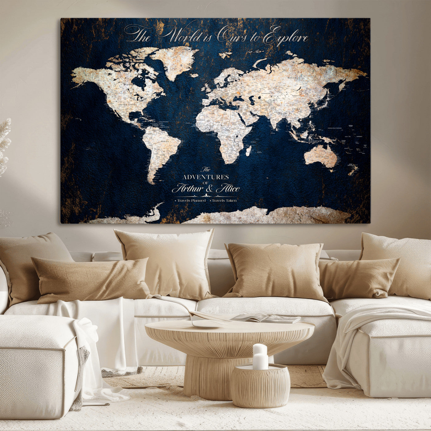 MGV-CV-36X24 - Personalized World Map Wall Art Canvas Print – Custom Push Pin Travel Map for Couples, Families, or Office Décor