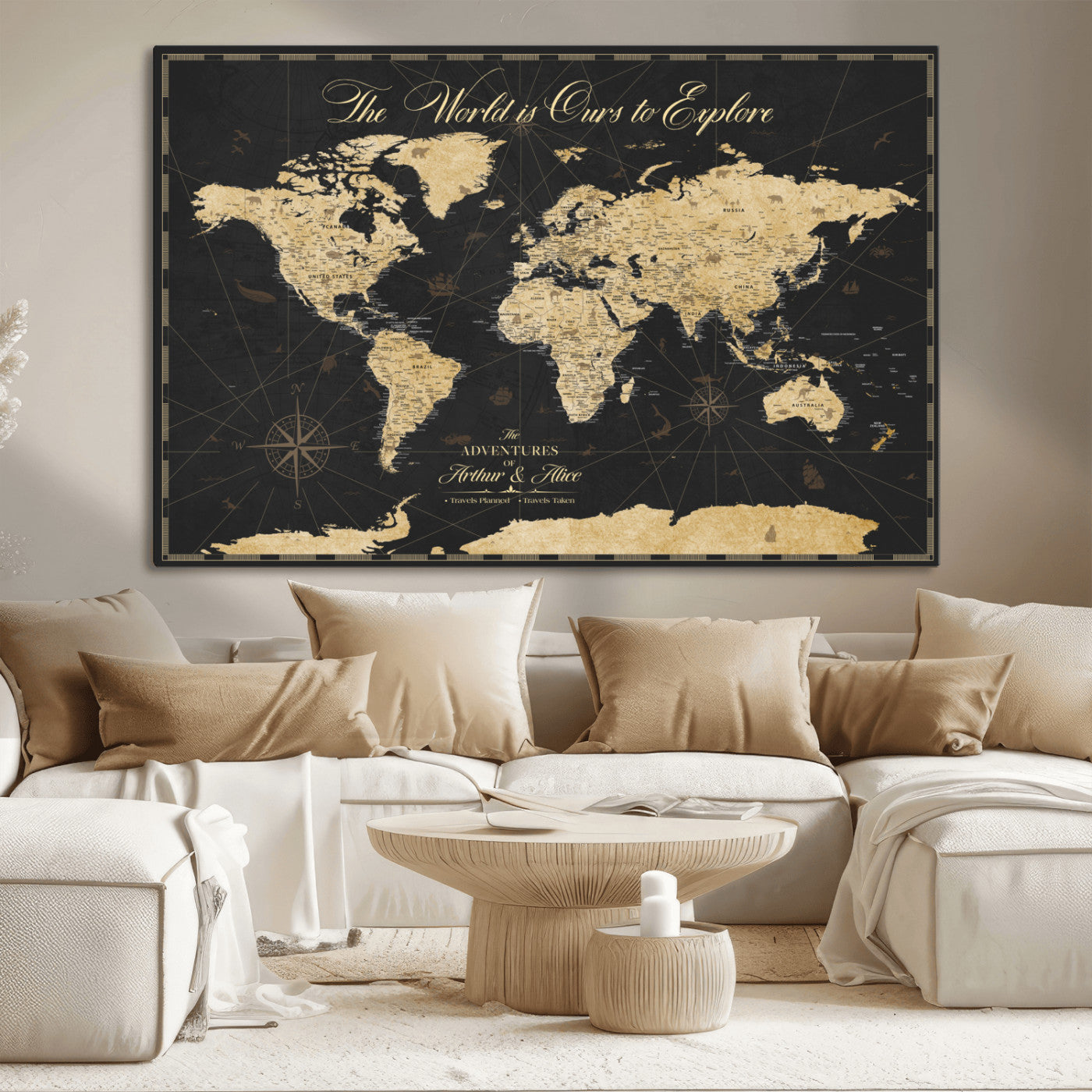 MGV-CV-36X24 - Personalized World Map Wall Art Canvas Print – Custom Push Pin Travel Map for Couples, Families, or Office Décor