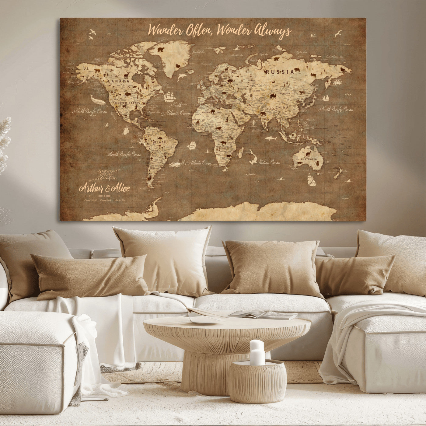 MGV-CV-36X24 - Personalized World Map Wall Art Canvas Print – Custom Push Pin Travel Map for Couples, Families, or Office Décor