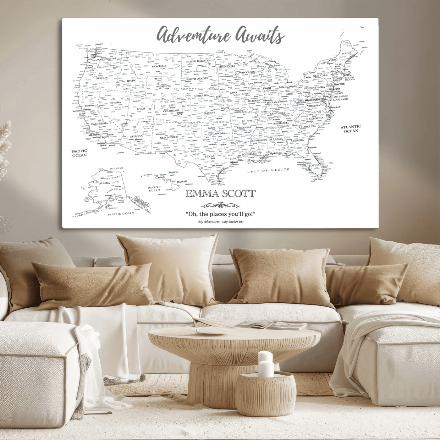 MGV-CV-36X24 - Personalized US Map Wall Art Canvas Print – Custom Push Pin Travel United States US Map for Couples, Families, or Office Décor