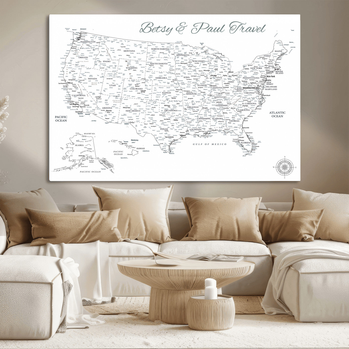 MGV-CV-36X24 - Personalized USA Map Wall Art Canvas Print – Custom Push Pin Travel American Map for Couples, Families, or Office Décor