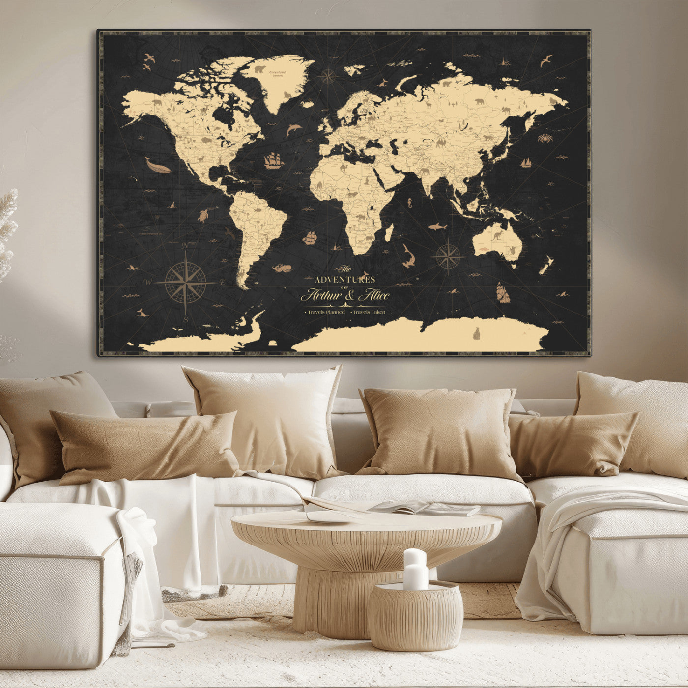 MGV-CV-36X24 - Personalized World Map Wall Art Canvas Print – Custom Push Pin Travel Map for Couples, Families, or Office Décor