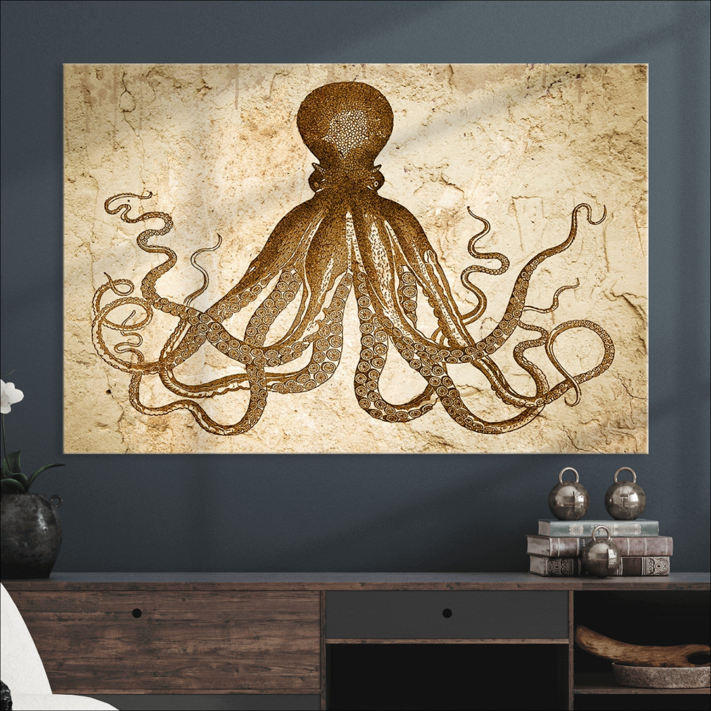 96154-MGV-CV-36X24-Sepia Octopus Wall Art Abstract Animal Canvas Print