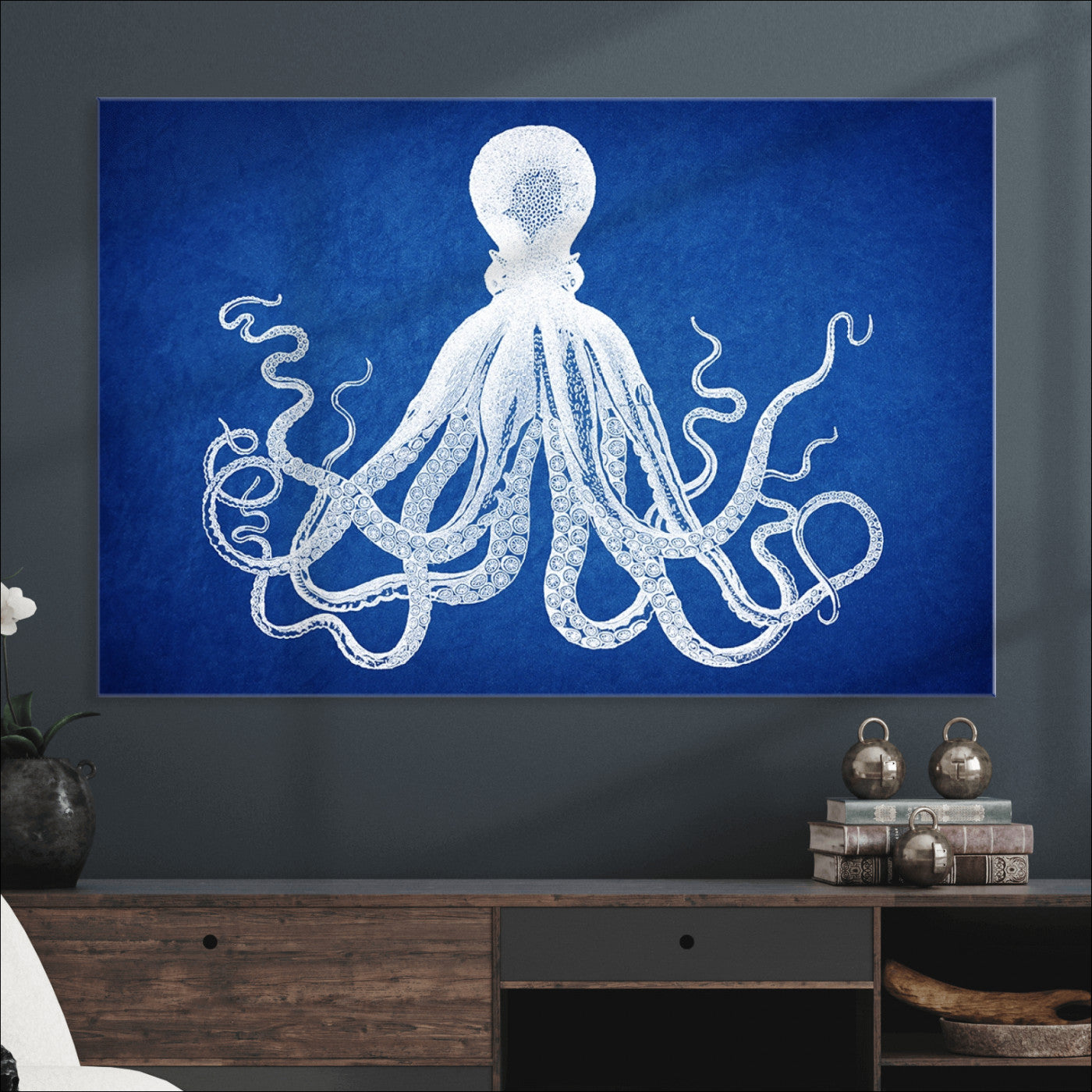 67315-MGV-CV-36X24-Large 3-Panel Blue Octopus Canvas Wall Art | Coastal Marine Life Artwork for Living Room, Bedroom, or Office | Ready-to-Hang Nautical Wall