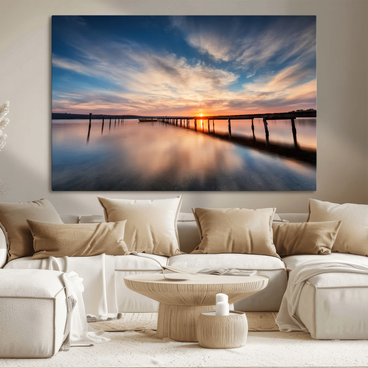 MGV-CV-36X24 - Wooden Pier on Seascape and Sunset Wall Art Canvas Print
