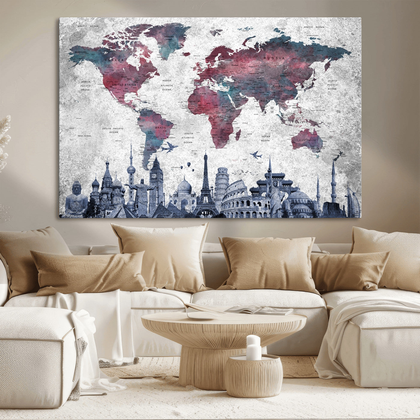 MGV-CV-36X24 - Push Pin World Map Canvas Print – Framed Wall Art for Couples to Track Their Travels – Anniversary