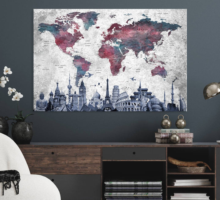 The dining room features a Blue Multipanel World Map Wall Art Canvas Print that adorns the wall, highlighting its neutral decor.