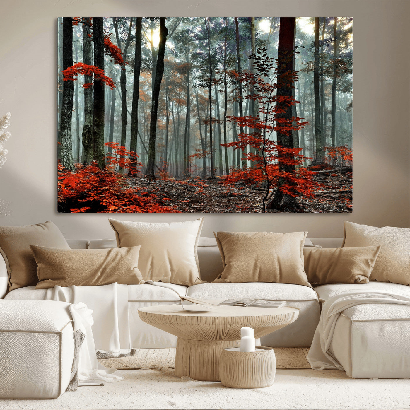 MGV-CV-36X24 - Autumn Forest Canvas Wall Art – Enchanting Red Leaves Triptych Print – Nature-Inspired Decor for