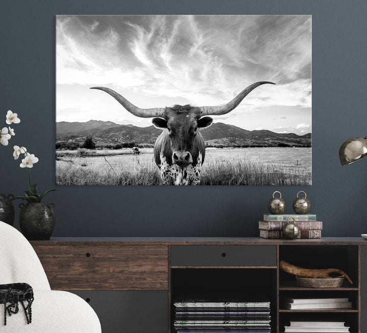 Longhorn Cow Wall Art Canvas Print Farmhouse Wall Art - Texas Longhorn Wall Art Print