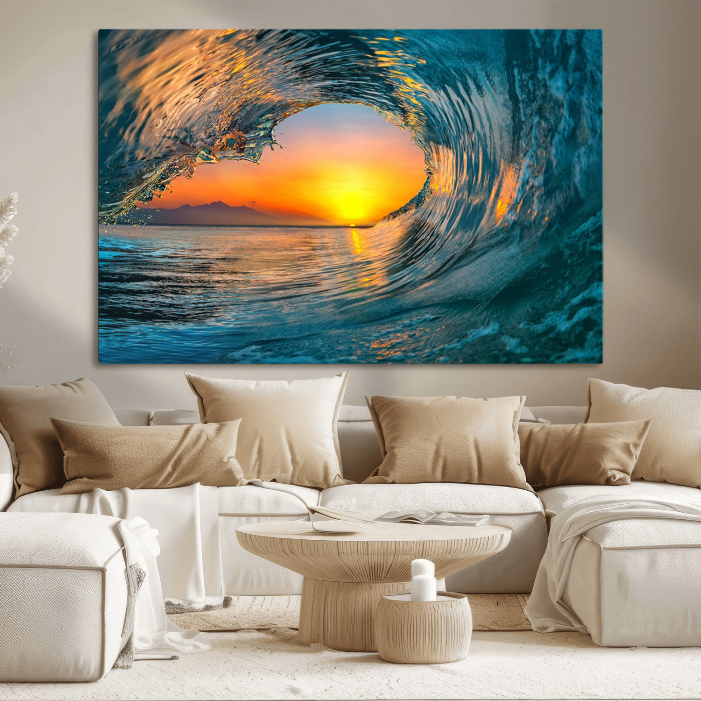 MGV-CV-36X24 - Ocean Wave Sunset Wall Art | Large Coastal Wave Canvas Print | 3-Panel Ocean Sunset Seascape for
