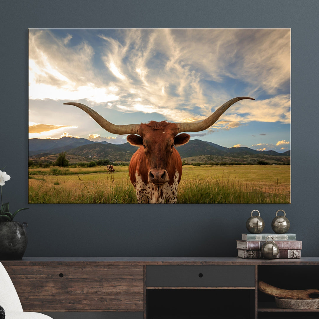 Texas Longhorn Canvas Wall Art – Majestic Triptych Animal Print – Rustic Western Decor for Living Room or Office – Ready to Hang