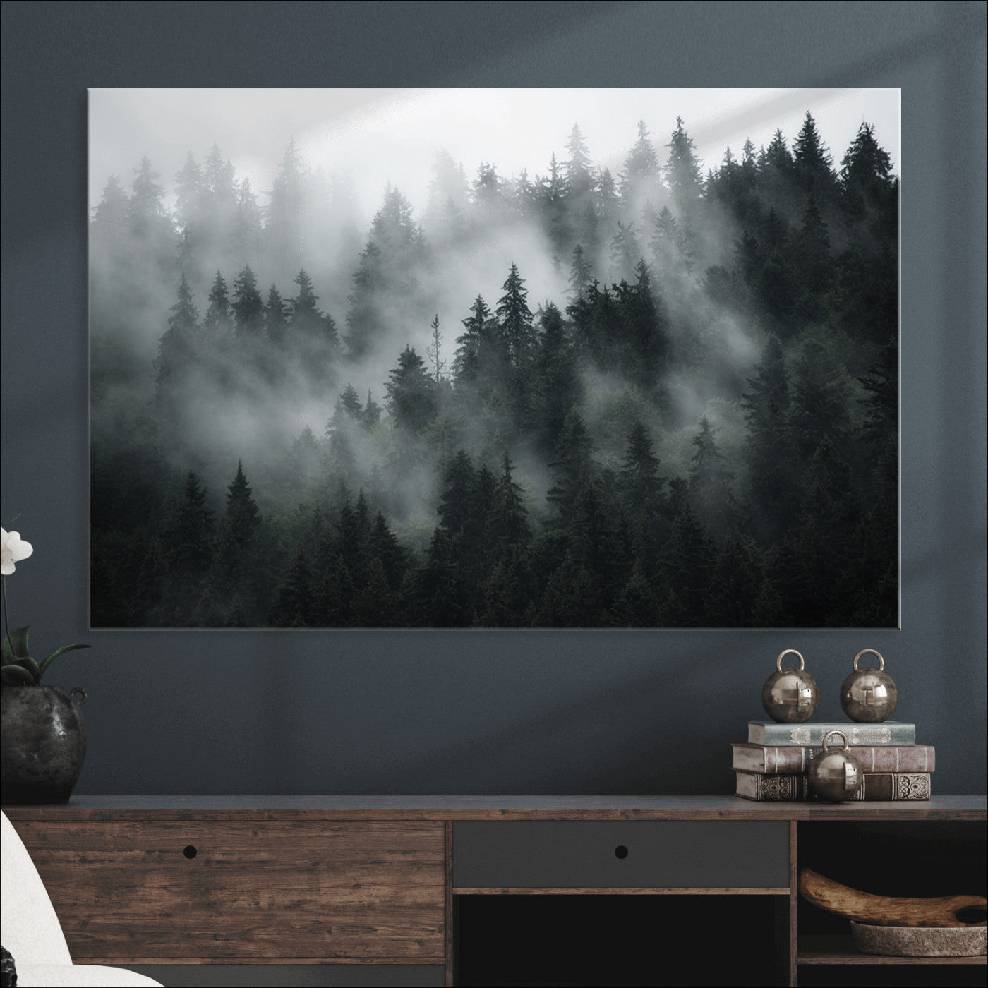 52359-MGV-CV-36X24-Foggy Forest Wall Art Canvas Print | 3 Panel Large Misty Landscape for Dining Room, Office, or Living Room | Ready to Hang Nature Deco