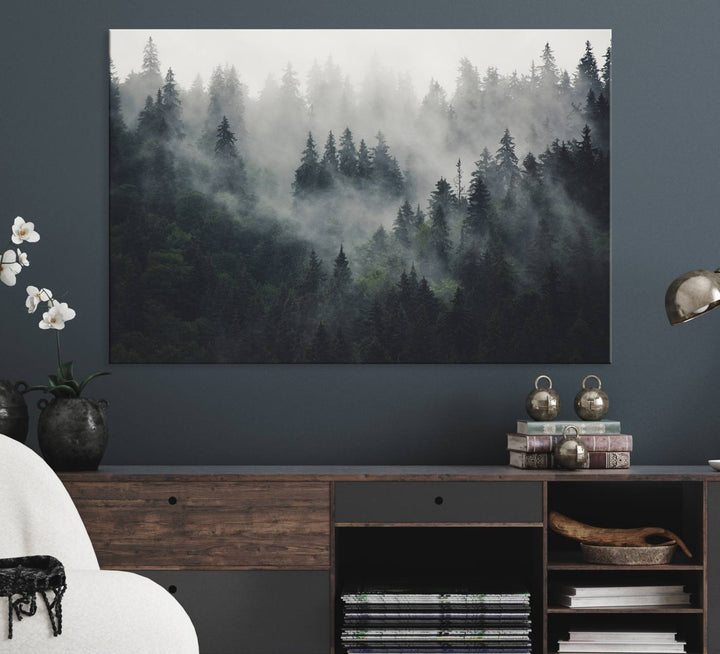 The Serene Triptych Print features tall evergreens, creating a mysterious and calming atmosphere.