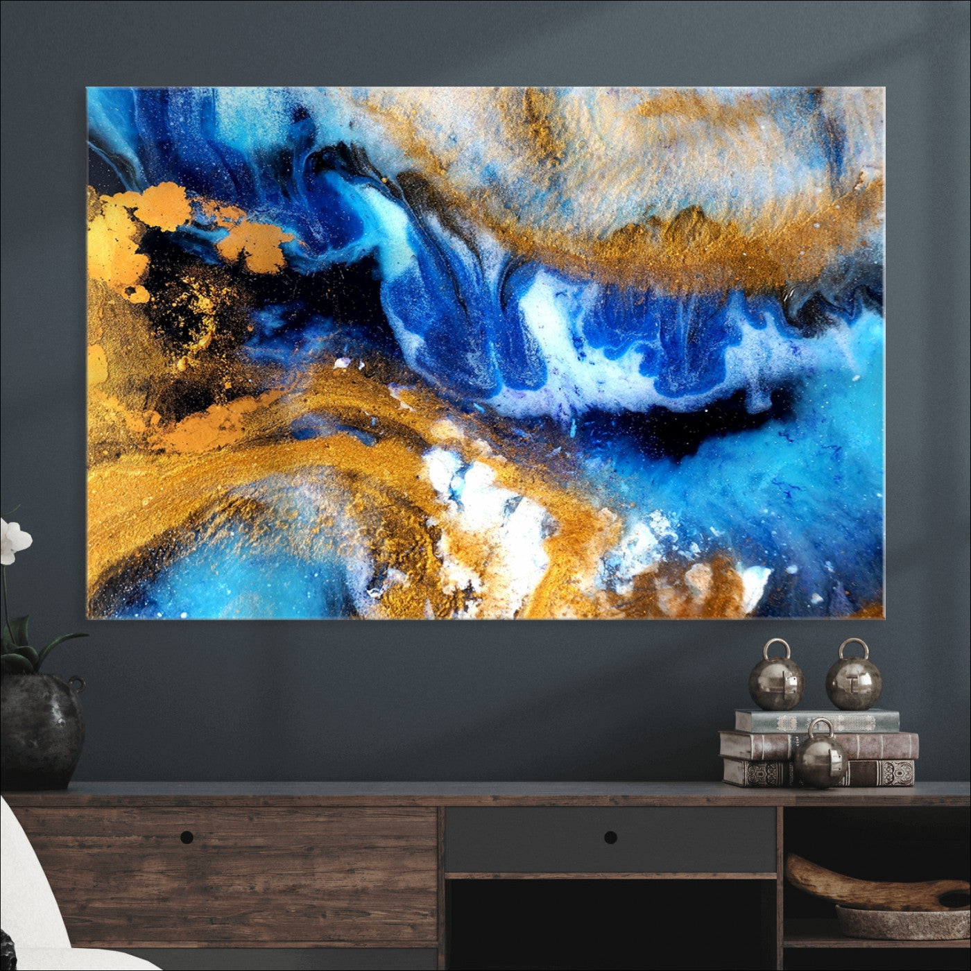 42100-MGV-CV-36X24-Blue Orange Marble Fluid Effect Canvas Wall Art Print