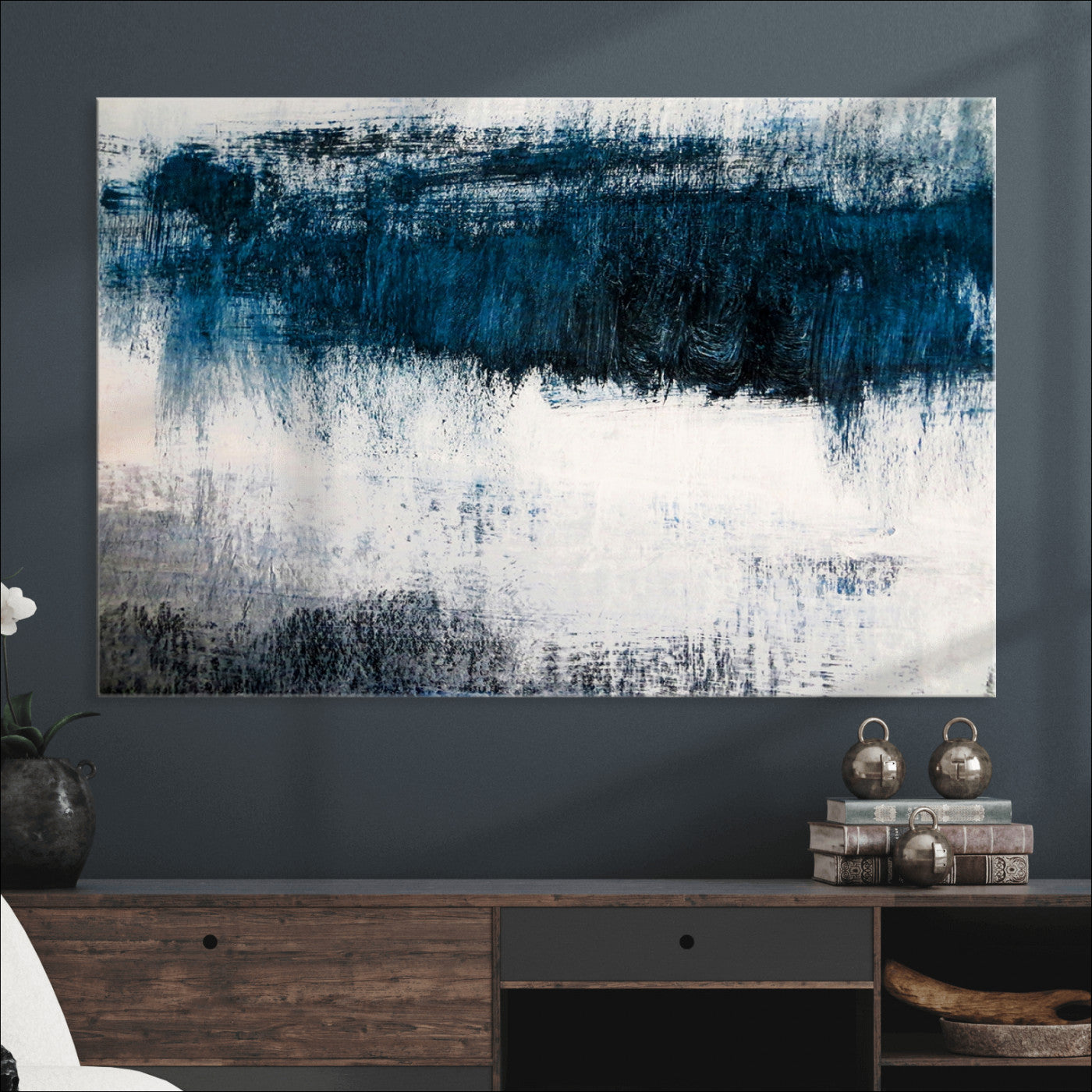 38954-MGV-CV-36X24-Abstract Blue and White Canvas Art | Large Wall Art for Modern Living Room Decor | Minimalist Brushstroke Painting on Canvas
