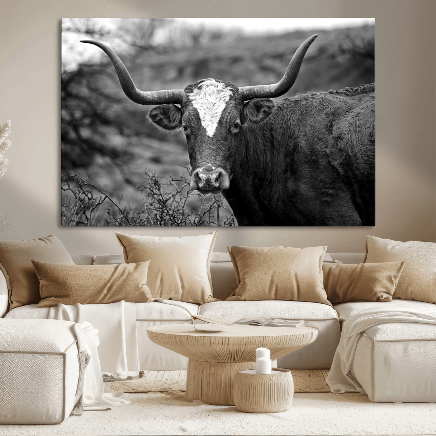 MGV-CV-36X24 - Western Home Wall Art Canvas Print, Framed Texas Longhorn Art Picture Print, Rustic Cow Perfect Rustic Farmhouse Decor Artwork