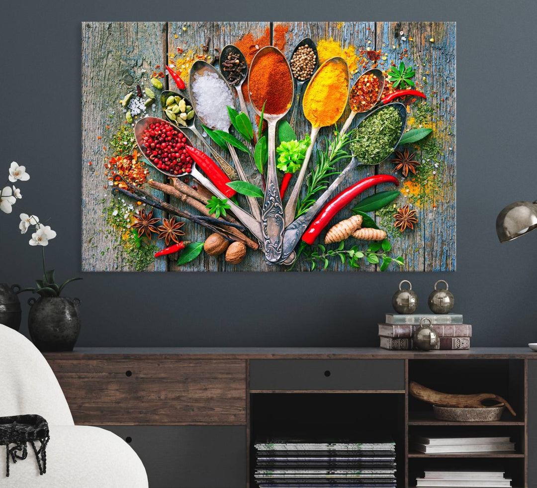 Vibrant Spoonful of Spices kitchen wall art canvas, a culinary triptych ideal for any dining room decor.