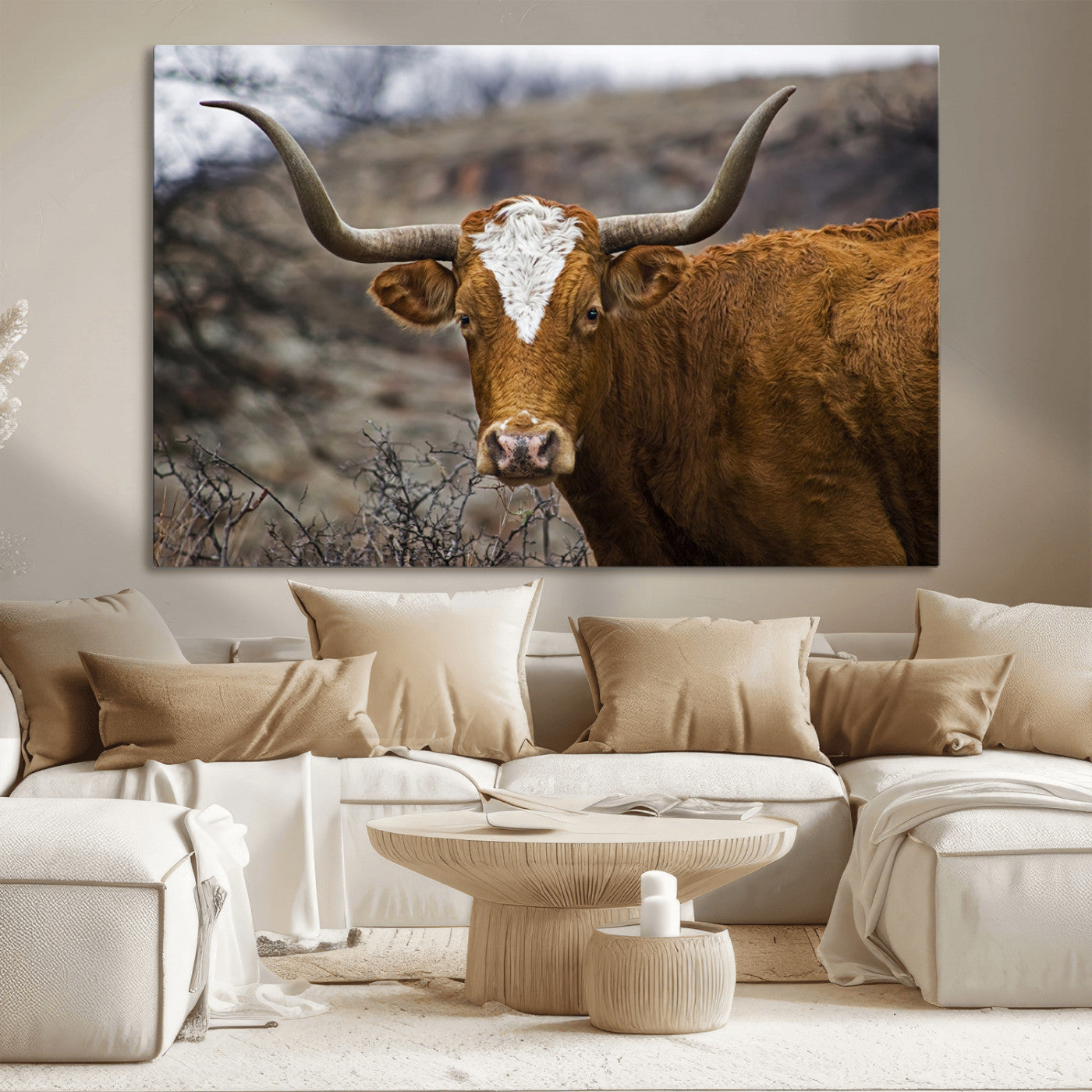 MGV-CV-36X24 - Texas Longhorn Canvas Wall Art - Longhorn Steer Canvas Wall Art Print- Rustic Western Animal Print,