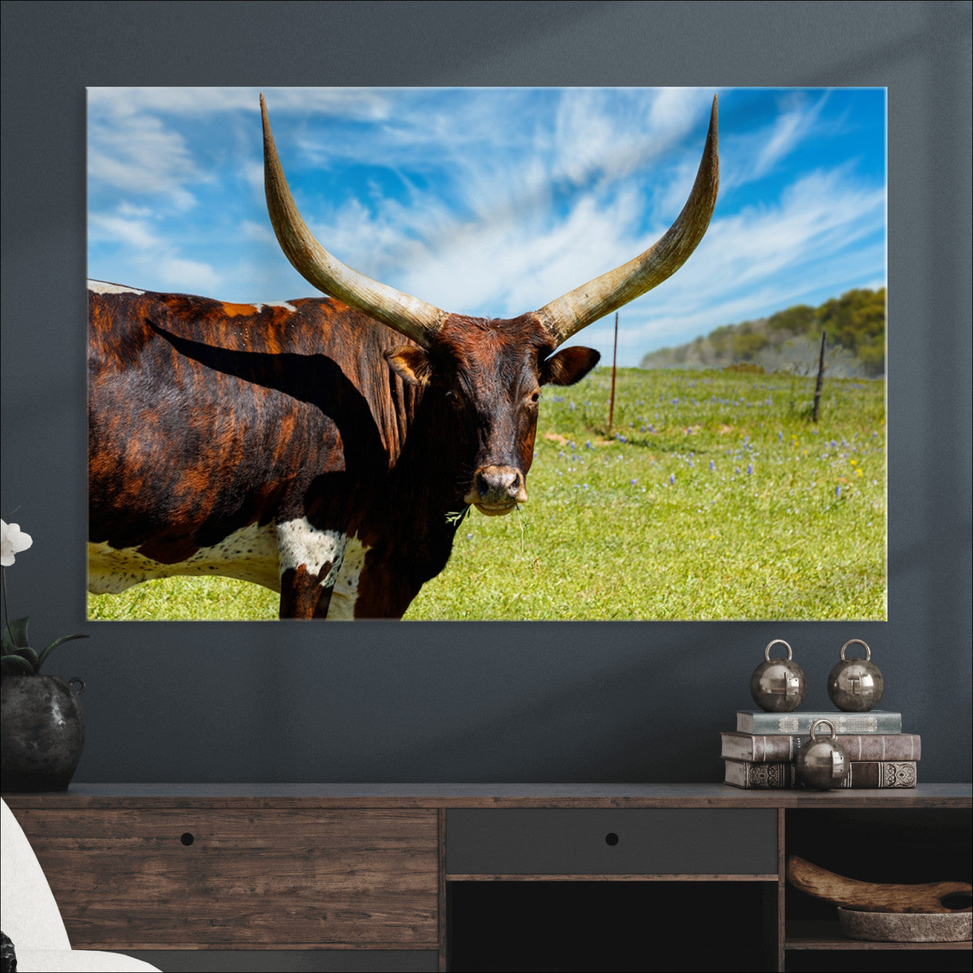 47037-MGV-CV-36X24-Longhorn and Cow Wall Art, Country Cow Wall Decor Canvas Print