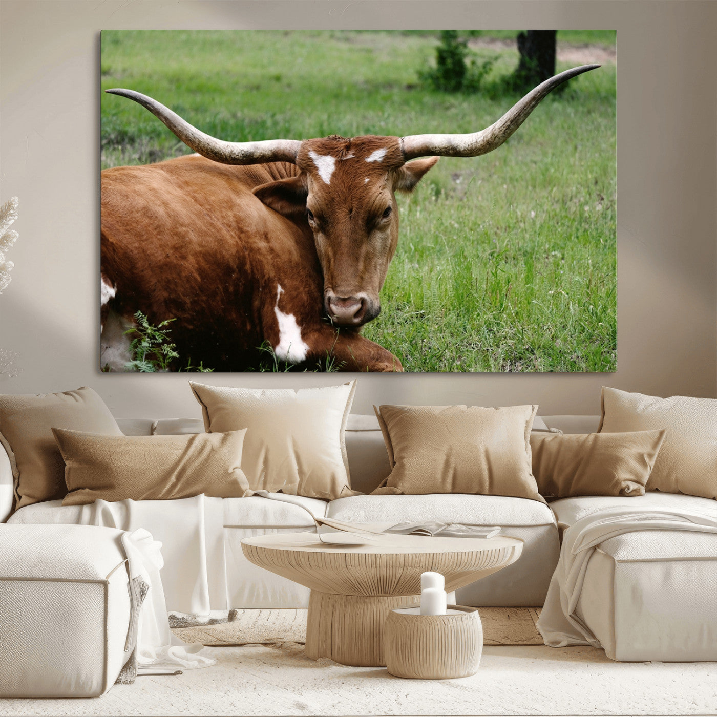 MGV-CV-36X24 - Longhorn Steer Canvas Wall Art – Rustic Nature Triptych Decor for Living Room or Office – Ready to