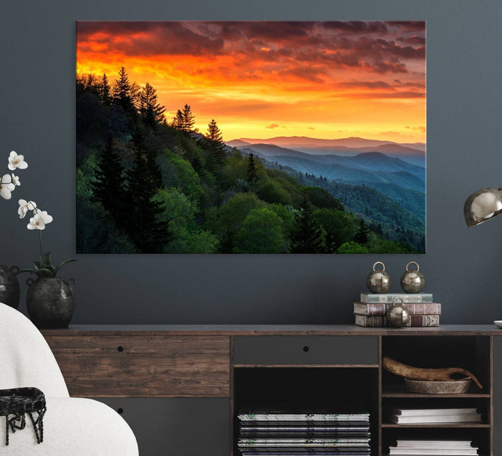 The Great Smoky Mountains Sunset Wall Art, a 3-panel print, beautifully captures natures beauty and is perfect for living room or office decor.