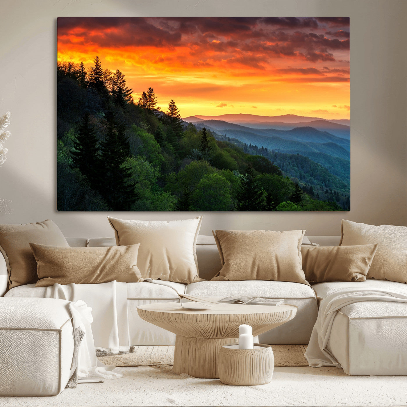 MGV-CV-36X24 - Great Smoky Mountains Sunset Wall Art Canvas Print | 3 Panel Large Nature Landscape Photography for