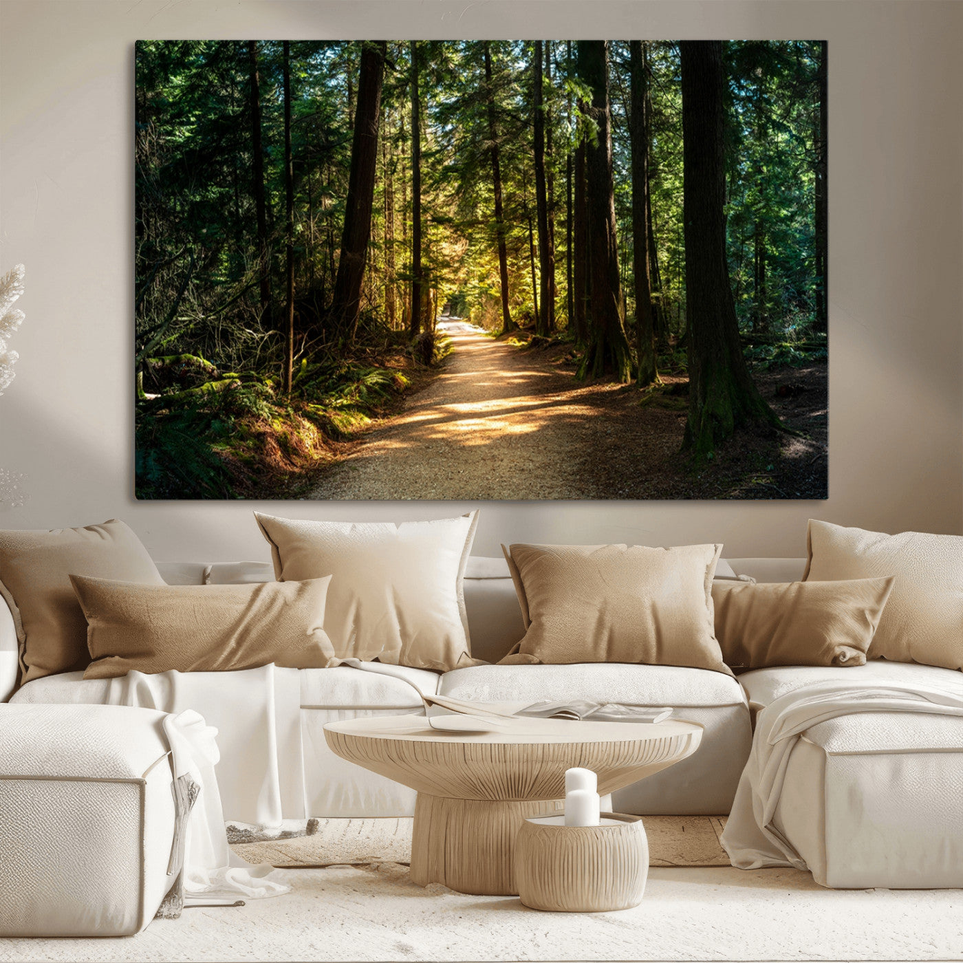 MGV-CV-36X24 - Sunlit Forest Pathway Canvas Print | 3 Panel Large Nature Wall Art for Living Room, Office, or