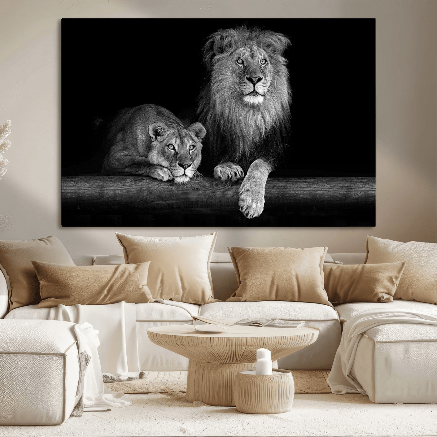 MGV-CV-36X24 - Large Black and White Lion Couple Wall Art Canvas Print