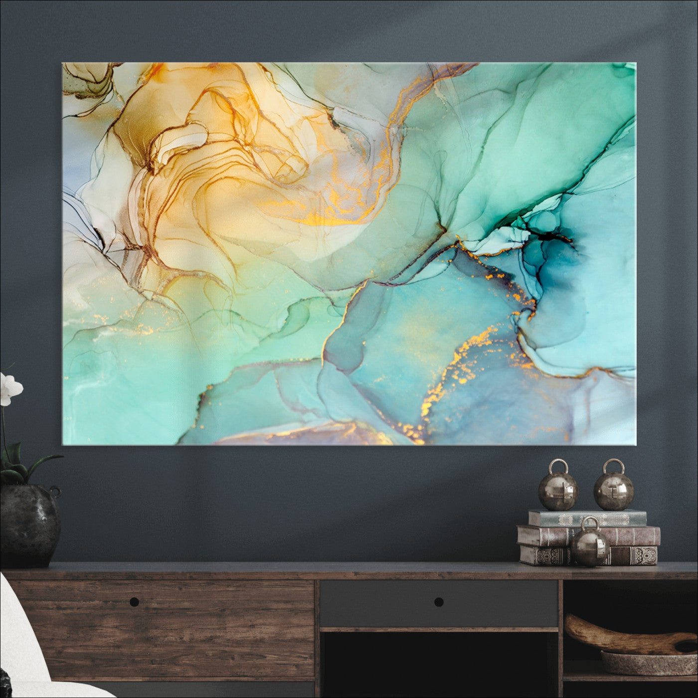 47242-MGV-CV-36X24-Green Marble Fluid Effect Wall Art Abstract Canvas Wall Art Print