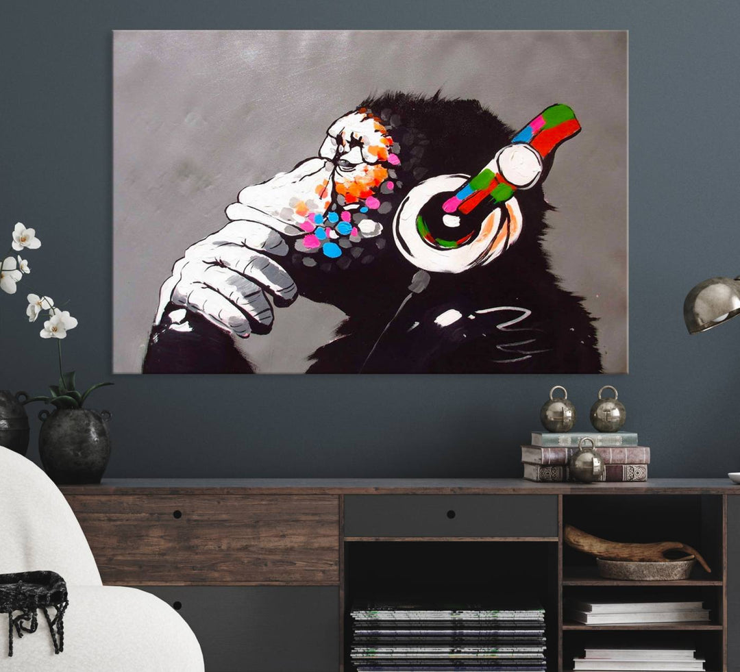 Living room showcasing DJ Monkey wall art.