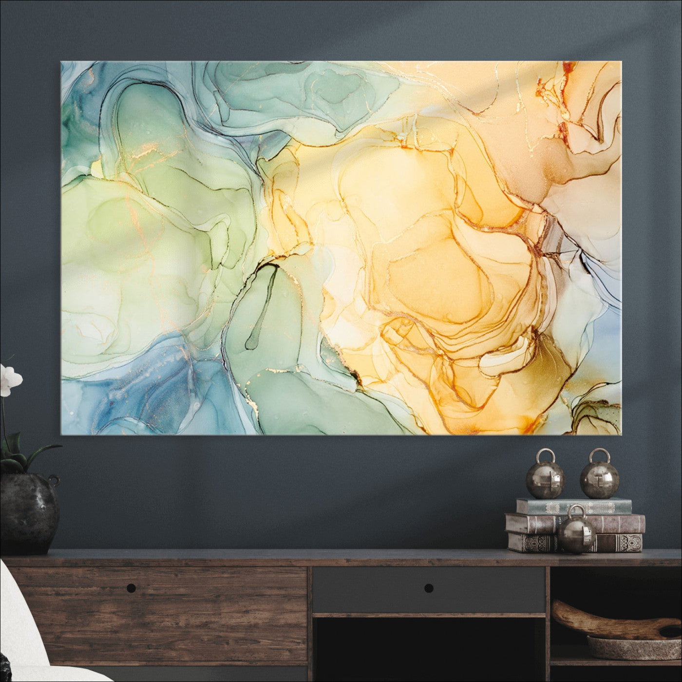 42195-MGV-CV-36X24-Green and Yellow Marble Fluid Effect Wall Art, Green and Yellow Marble Canvas Wall Art Print