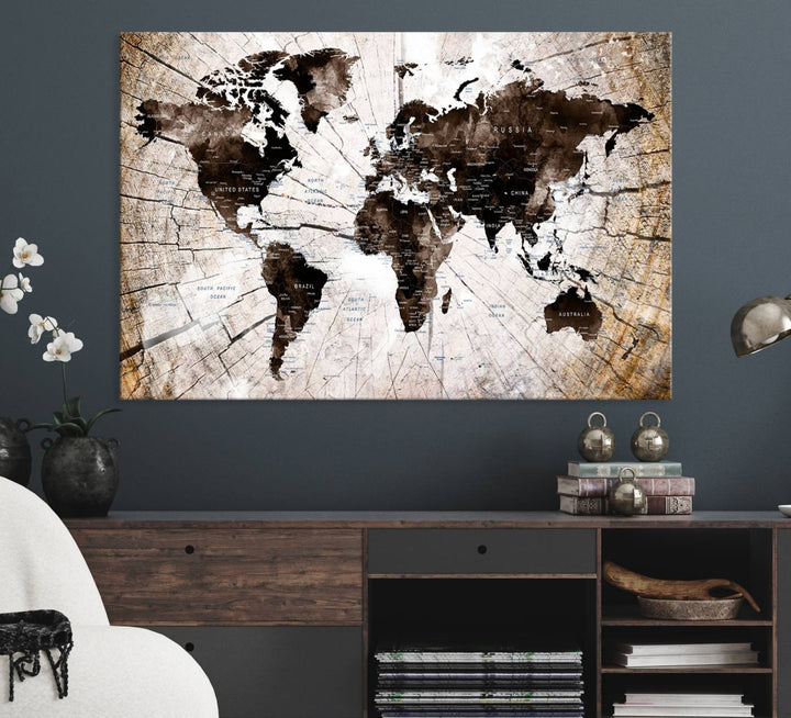 A Vintage World Map on Wood Style Canvas hangs prominently.