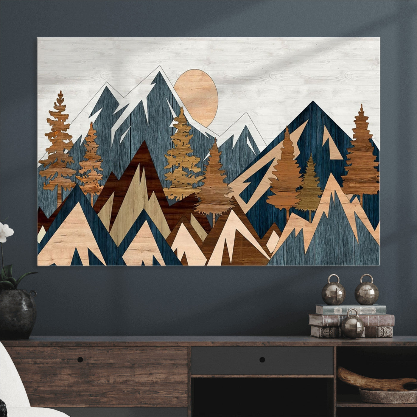 91467-MGV-CV-36X24-Abstract Wood Panel Effect Mountain Range Top Wall Art Canvas Print