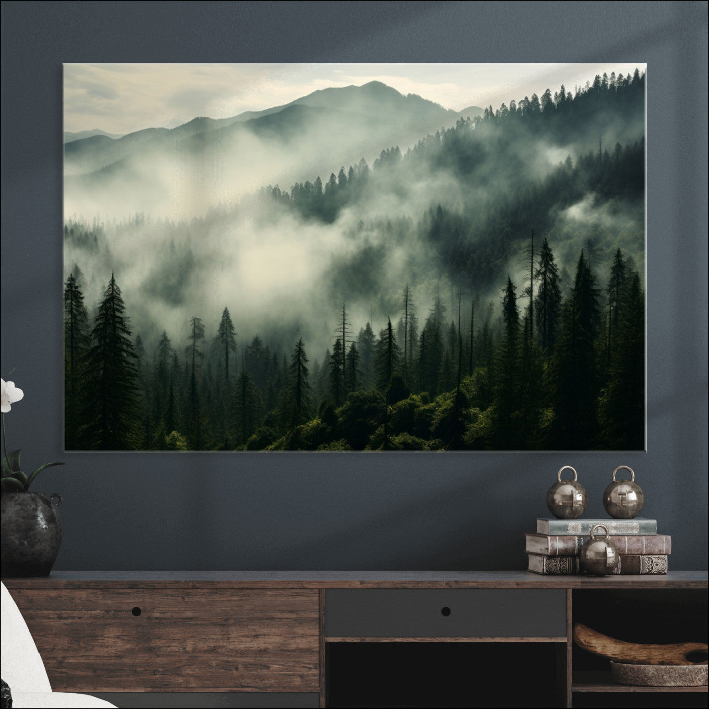 25295-MGV-CV-36X24-Captivating Misty Forest Wall Art Premium Canvas Print a Foggy and Serene Atmosphere