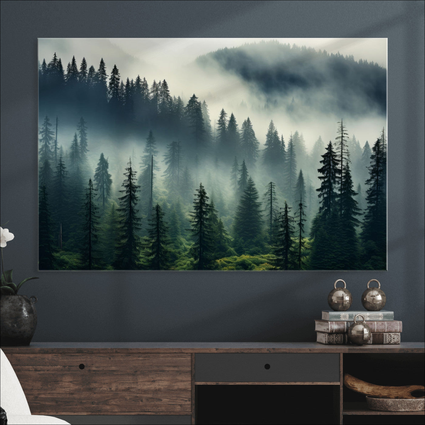 48606-MGV-CV-36X24-Captivating Misty Forest Wall Art Premium Canvas Print a Foggy and Serene Atmosphere