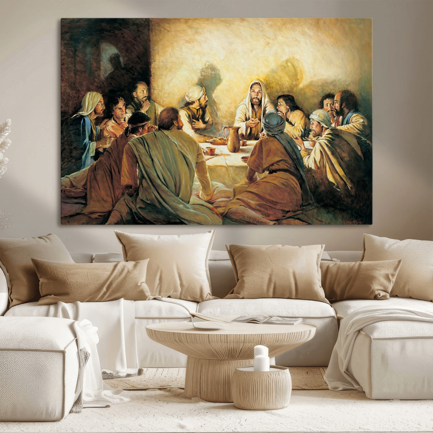 Framed canvas print of the Last Supper, depicting Jesus and his disciples, perfect for religious or Christian-themed home decor.