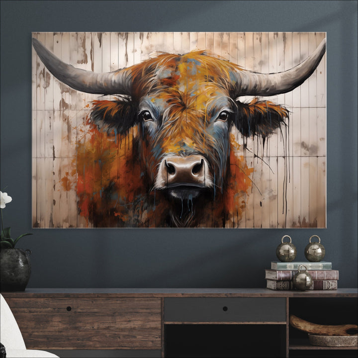 Scottish Highland Cow Cattle Art Print on Wood Style Background