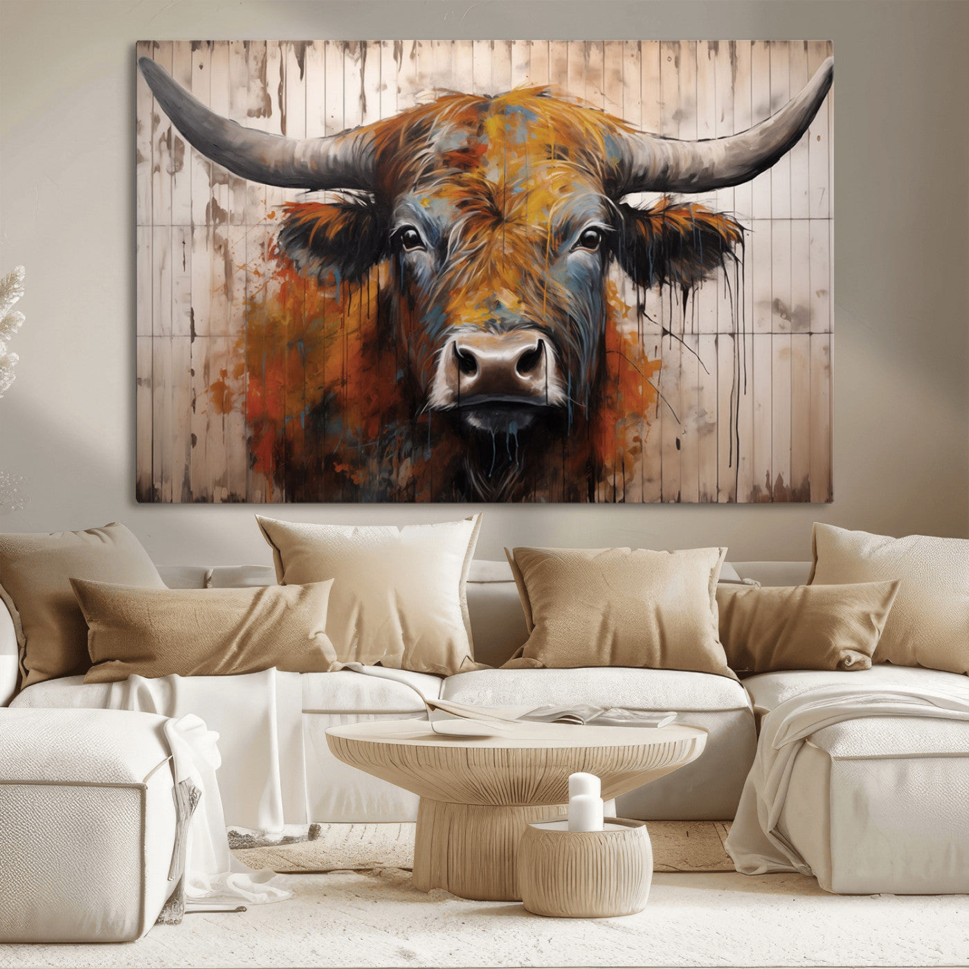 MGV-CV-36X24 - Abstract Bull Highland Cow Canvas Wall Art Print – Vibrant Rustic Charm in Modern Farmhouse Decor –
