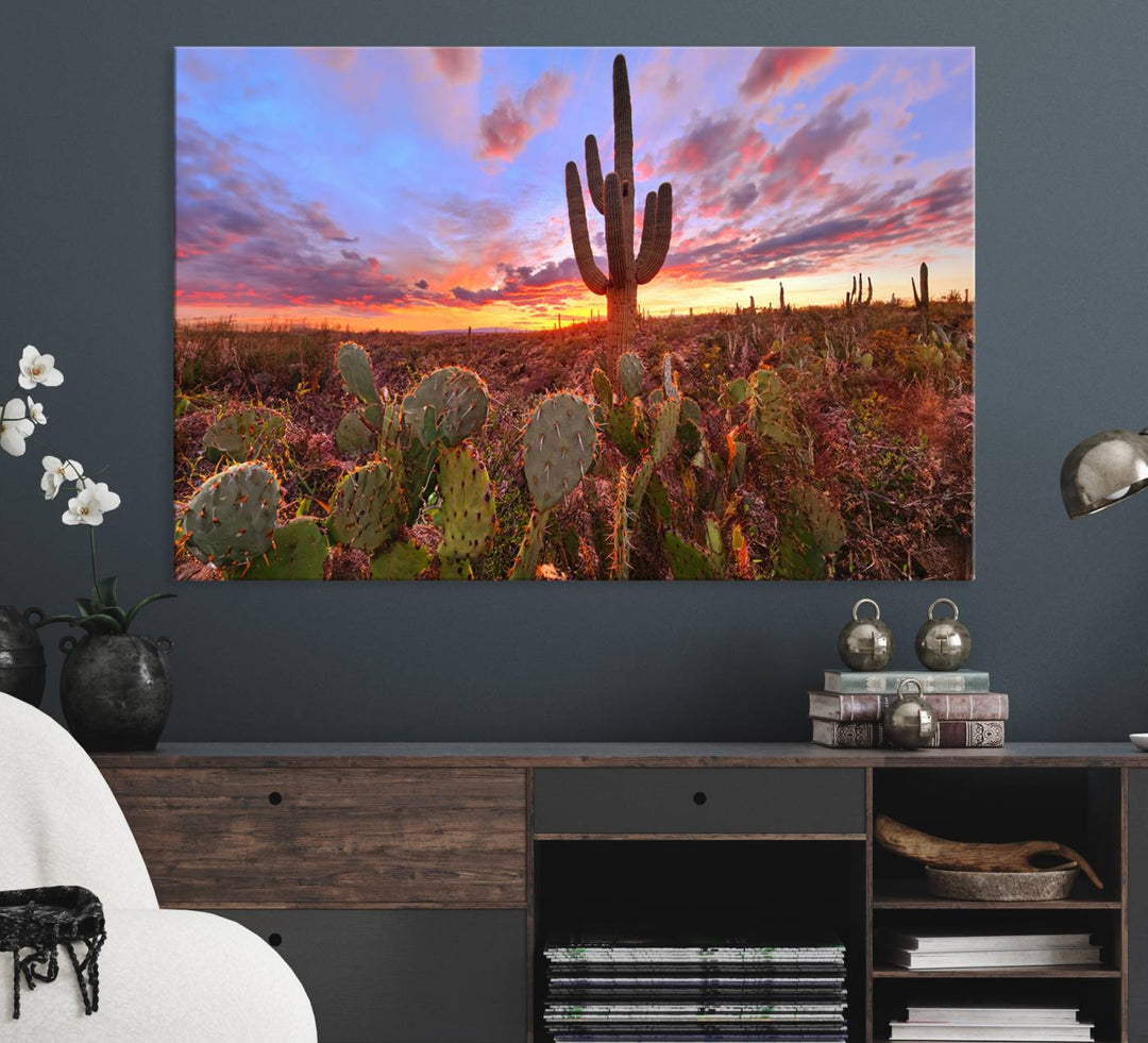 The Arizona Desert Sunset Wall Art Canvas Print featuring cacti is displayed.