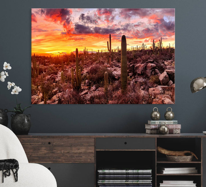 A vibrant desert sunset with cacti, perfect Western Cowboy Wall Art Print.