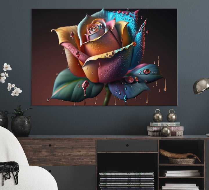 The Abstract Rose Wall Art Canvas Print displays a rose with droplets.