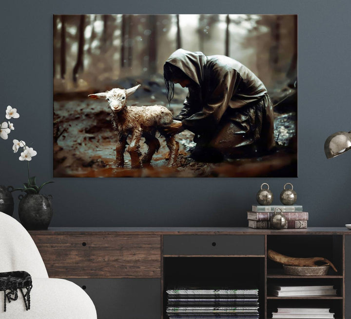 Jesus Lost Lamb Wall Art: A cloaked figure tends a lamb in a muddy forest.